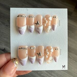 Peach & Lavender Press-On Nail Set with Rhinestones